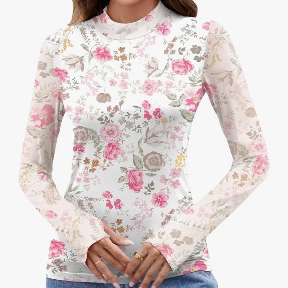 Floral Mock Neck Long Sleeve Mesh Top - White/Pink